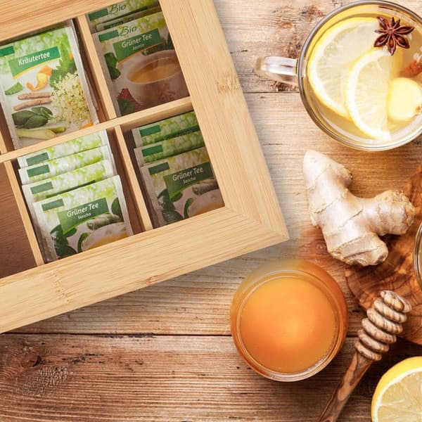 Relaxdays Teaskrin i Bambu 10 Fackor Stor Stabil Mångsidig Funktionell Hållbar Bevarar Aromer Glas, Natur