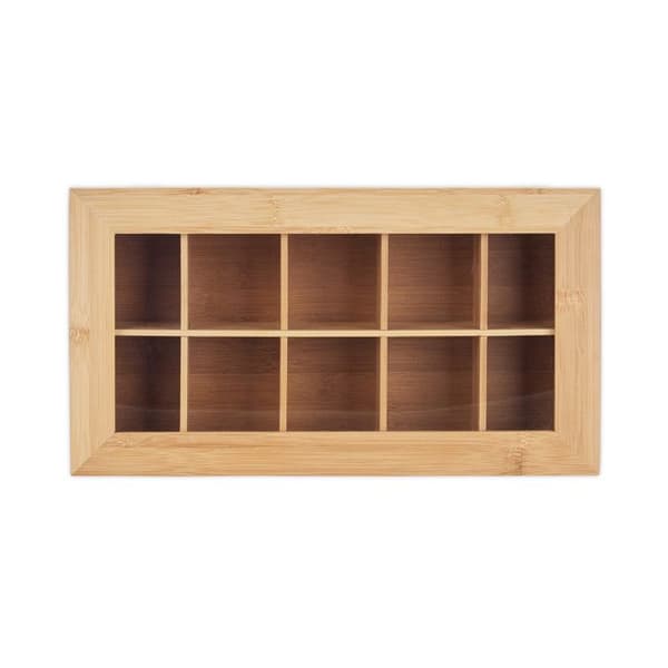 Relaxdays Teaskrin i Bambu 10 Fackor Stor Stabil Mångsidig Funktionell Hållbar Bevarar Aromer Glas, Natur