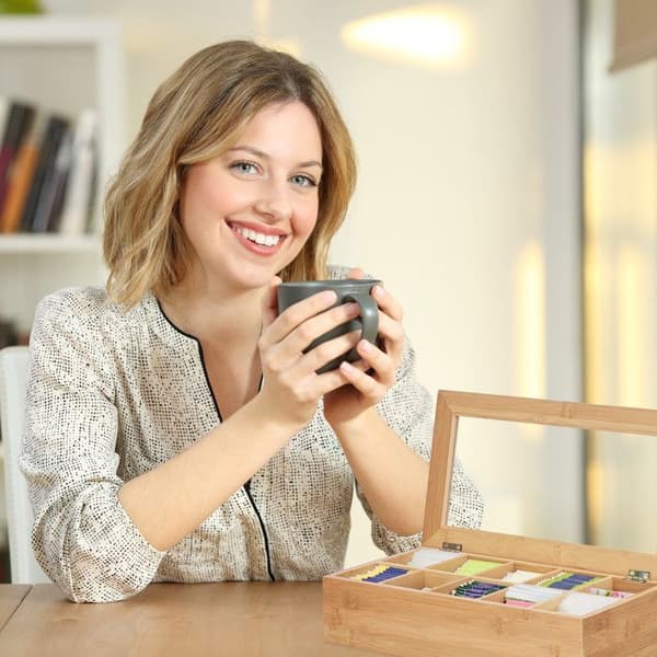 Relaxdays Teaskrin i Bambu 10 Fackor Stor Stabil Mångsidig Funktionell Hållbar Bevarar Aromer Glas, Natur