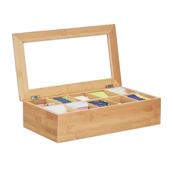 Relaxdays Teaskrin i Bambu 10 Fackor Stor Stabil Mångsidig Funktionell Hållbar Bevarar Aromer Glas, Natur