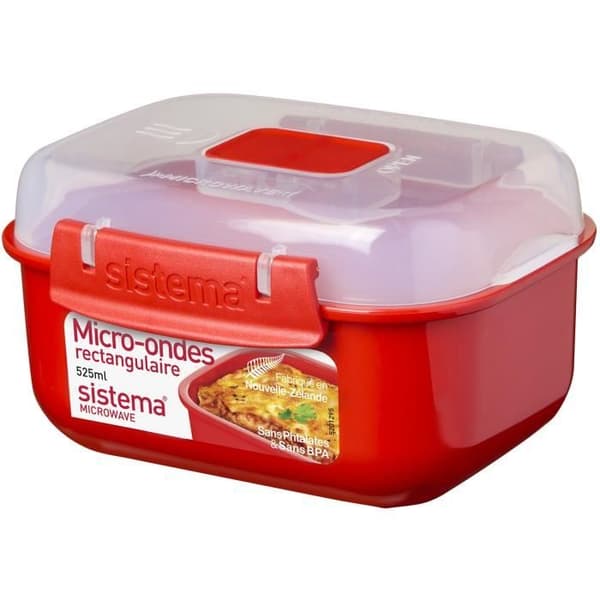 Rektangulär mikrovågsbehållare med klämmor - SISTEMA - 525ml - Röd och transparent - Ftalatfri BPA-fri