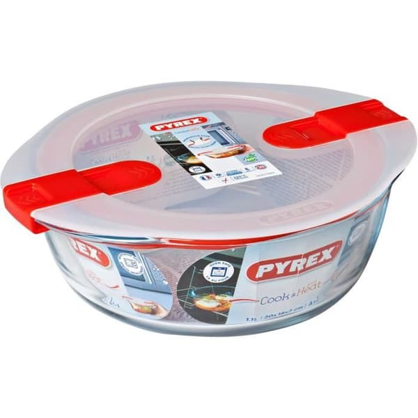 Rund burk med lock - PYREX - 1451018 - 20 x 18 cm - 1,1 L - Cook &amp; Heat - Bas av borosilikatglas