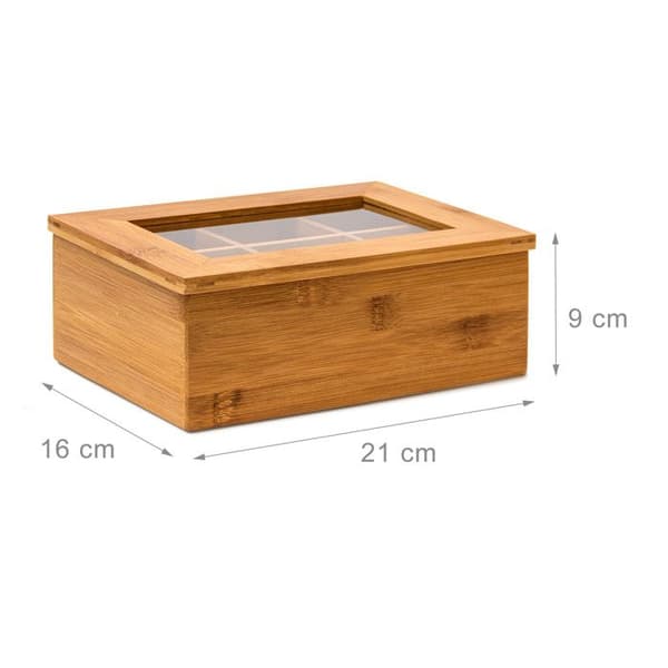 Relaxdays Teaskrin i bambu med 6 fack, Teaskrin för tepåsar och löstea 9 x 22 x 16 cm, Transparent fönster, natur