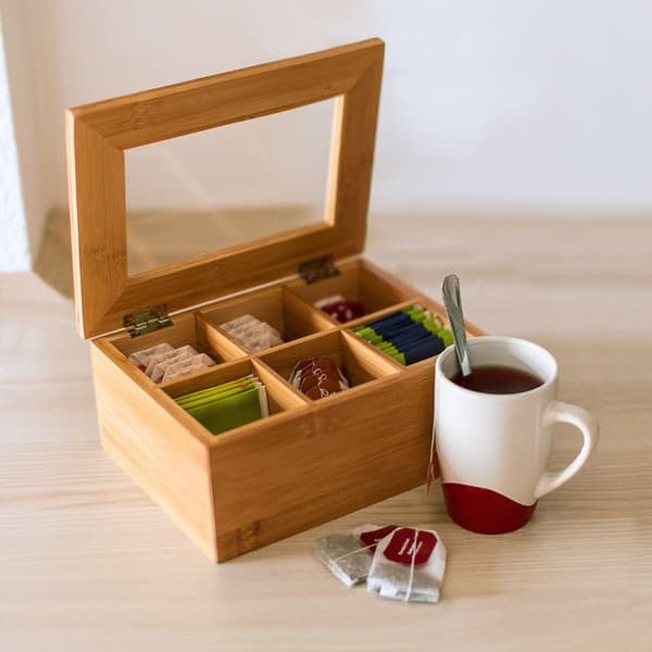 Relaxdays Teaskrin i bambu med 6 fack, Teaskrin för tepåsar och löstea 9 x 22 x 16 cm, Transparent fönster, natur