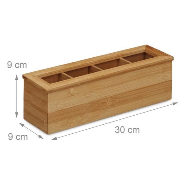 Relaxdays Telåda Bambu Plastfönster Tepåse 4 fack Löst te Örtte HxBxD: 9 x 30 x 9 cm, Naturligt