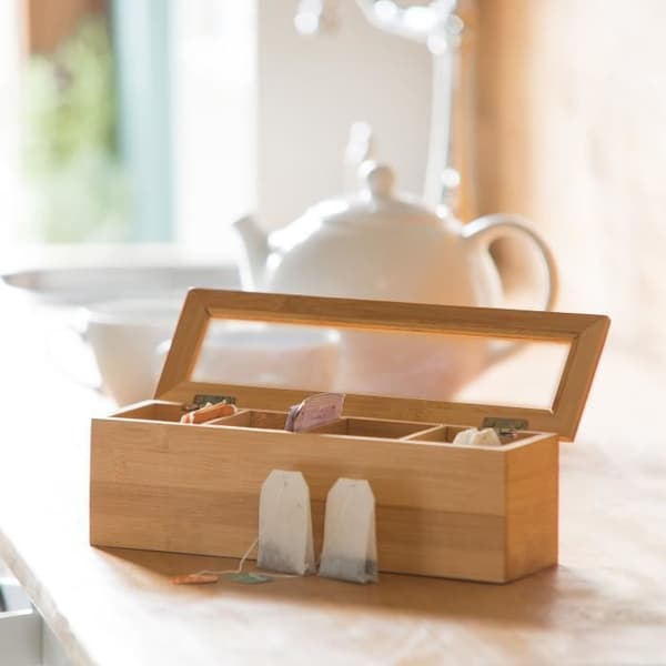 Relaxdays Telåda Bambu Plastfönster Tepåse 4 fack Löst te Örtte HxBxD: 9 x 30 x 9 cm, Naturligt