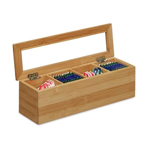 Relaxdays Telåda Bambu Plastfönster Tepåse 4 fack Löst te Örtte HxBxD: 9 x 30 x 9 cm, Naturligt