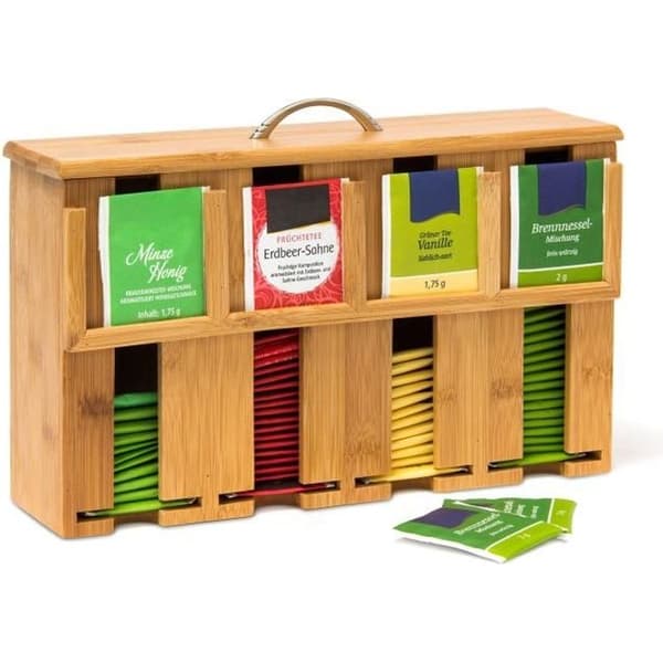 Relaxdays Bamboo Tea Box Lösa tepåsar 4 Fack Dekorativ Box H x B x D: 22 x 33,5 x 10 cm med handtag