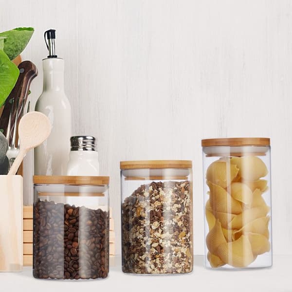 Relaxdays Glasförvaringslådor, set om 3, storlekar 500, 700, 1000 ml, pasta, ris, flingor, kaffe, D 9,5 cm, bambu