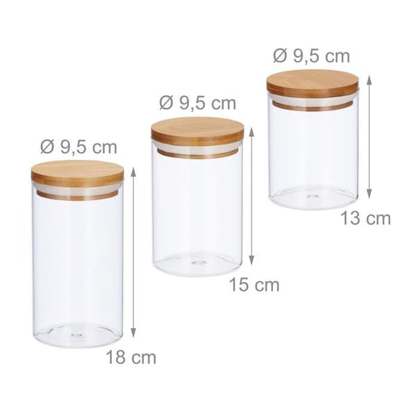 Relaxdays Glasförvaringslådor, set om 3, storlekar 500, 700, 1000 ml, pasta, ris, flingor, kaffe, D 9,5 cm, bambu