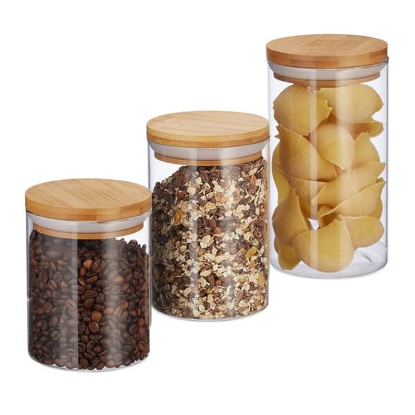 Relaxdays Glasförvaringslådor, set om 3, storlekar 500, 700, 1000 ml, pasta, ris, flingor, kaffe, D 9,5 cm, bambu