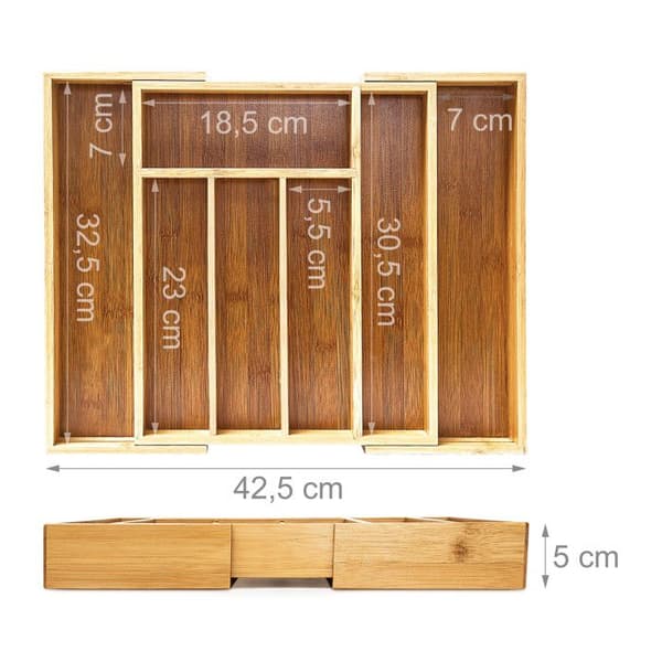 Relaxdays Expanderbar Bestickbricka Organizer för Kökslåda Bamboo Nature - 10018883
