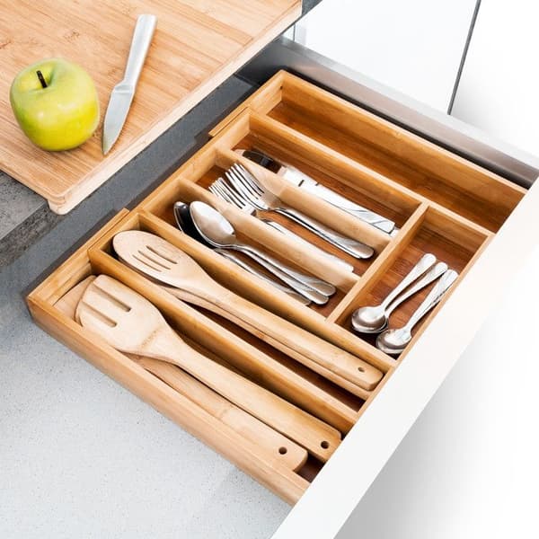 Relaxdays Expanderbar Bestickbricka Organizer för Kökslåda Bamboo Nature - 10018883