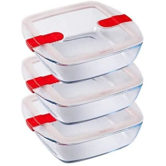 Pyrex - Cook and Heat Cook & Heat - Set med tre 1L fyrkantiga matbehållare av glas med speciellt mikro-på lufttätt lock