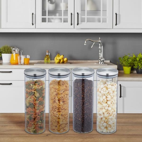 Relaxdays Set med 4 glasburkar, 1,6 l, hermetisk, lock av rostfritt stål, matdesignerburk, transparent/silver