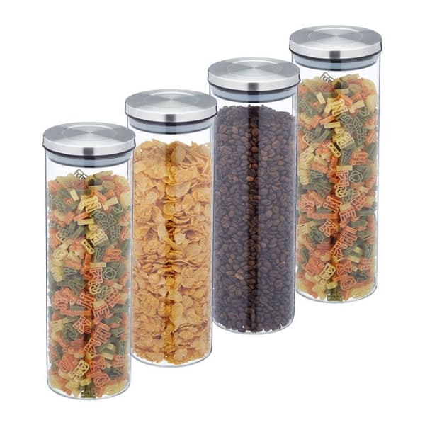 Relaxdays Set med 4 glasburkar, 1,6 l, hermetisk, lock av rostfritt stål, matdesignerburk, transparent/silver