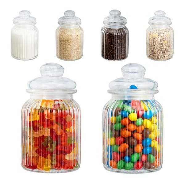 Relaxdays set med 6 glasburkar, 1000ml, lock, för livsmedel i köket, godisbar, hermetiskt, transparent