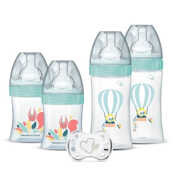 DODIE Set med 4 nappflaskor med platta antikoliknappar (2 x 150 ml och 2 x 270 ml), + en napp
