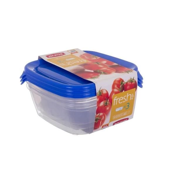Fryssäkra fyrkantiga matförvaringsbehållare av plast med blått lock, set med 3 st (0,8 l)...