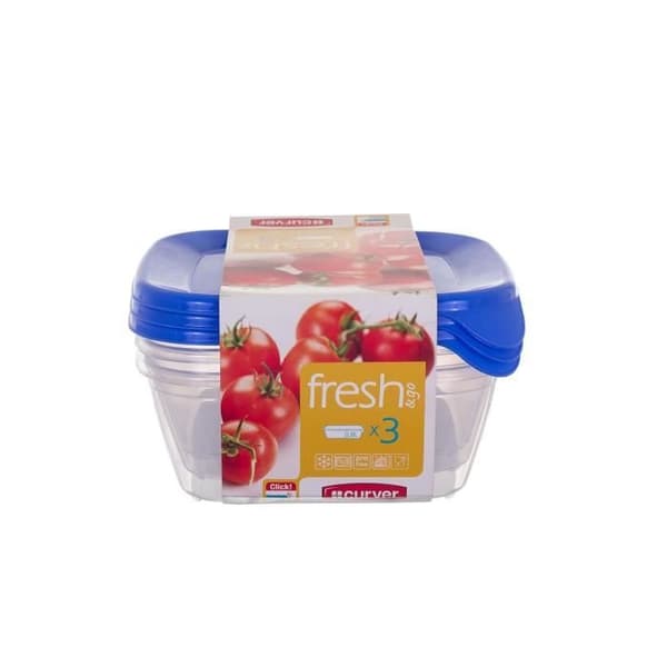Fryssäkra fyrkantiga matförvaringsbehållare av plast med blått lock, set med 3 st (0,8 l)...