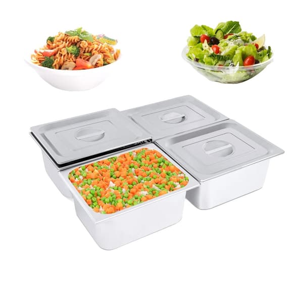 Rostfria stålpannor för ångbord, 7L kapacitet, 6 tum djup, set om 4 med lock