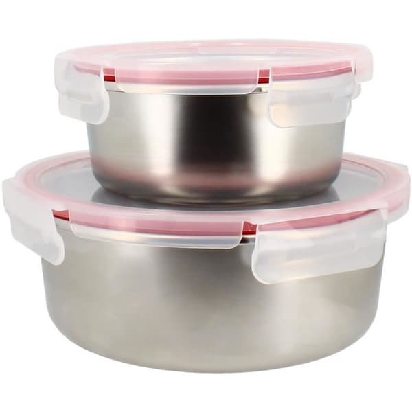 Set med 2 lufttäta behållare med lock - MENASTYL - 5040178 - Rostfritt stål - Rund - 15 och 20 cm - Mikrovågssäker