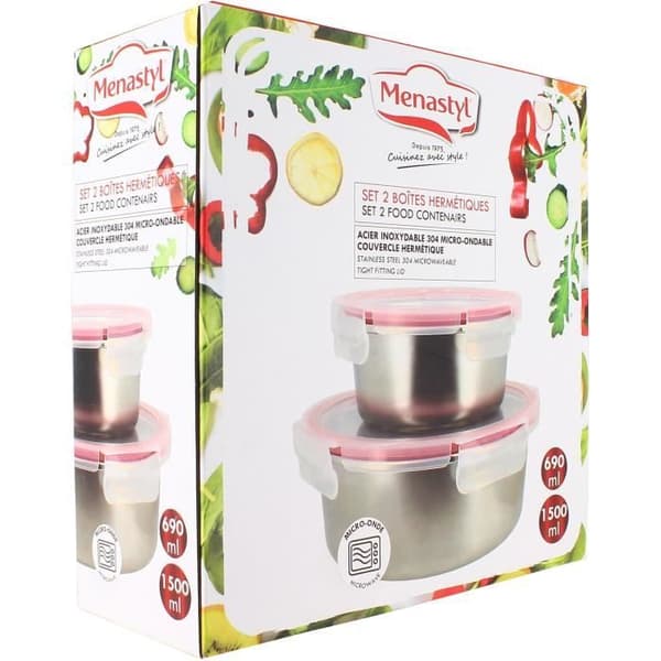 Set med 2 lufttäta behållare med lock - MENASTYL - 5040178 - Rostfritt stål - Rund - 15 och 20 cm - Mikrovågssäker