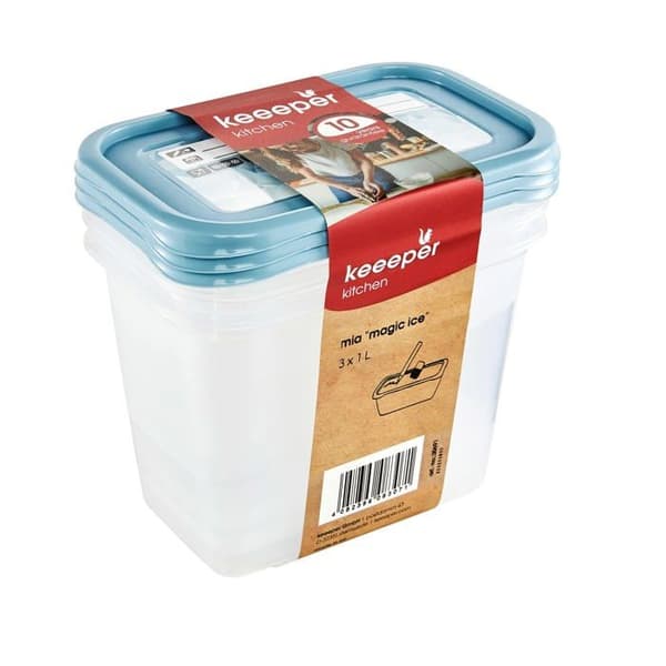 Keeper Set med 3 frysboxar, omskrivbart lock, 3 x 1 l, 15,5 x 10,5 x 11,5 cm, Mia Magic Ice, Nordic Blue