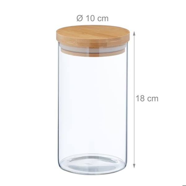 Relaxdays Set med 3 burkar, glas, lock av bambu, rund förvaringsburk, 1000 ml, hermetisk, transparent/natur
