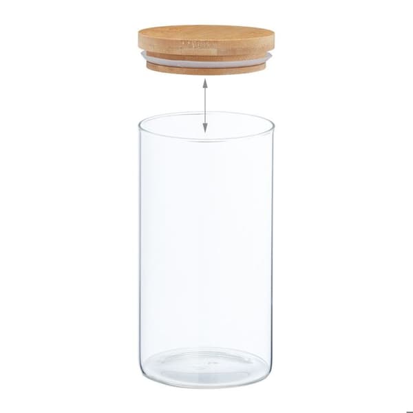 Relaxdays Set med 3 burkar, glas, lock av bambu, rund förvaringsburk, 1000 ml, hermetisk, transparent/natur