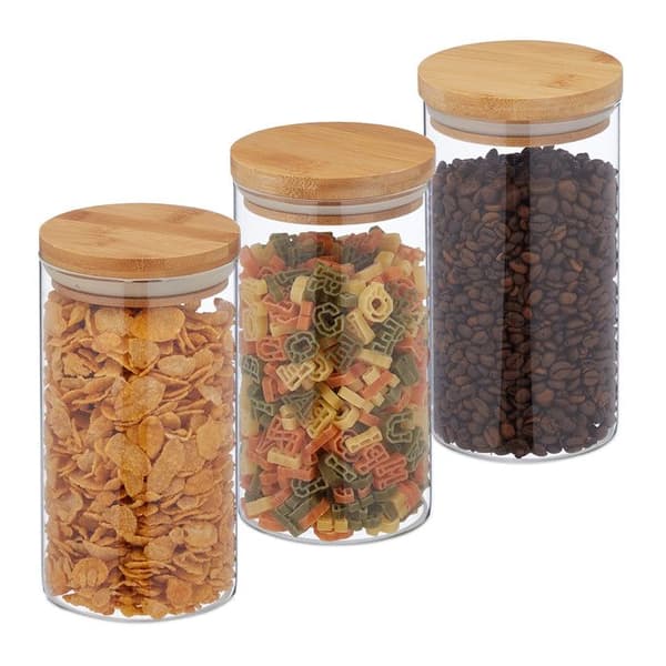 Relaxdays Set med 3 burkar, glas, lock av bambu, rund förvaringsburk, 1000 ml, hermetisk, transparent/natur