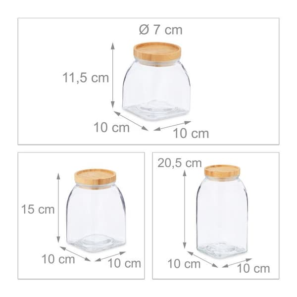 Relaxdays glasburkar set om 3, 600, 1000, 1400 ml, för spannmål, pasta, lock i bambu, transparent / naturlig