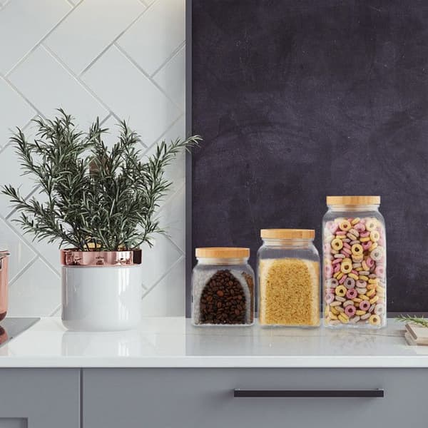 Relaxdays glasburkar set om 3, 600, 1000, 1400 ml, för spannmål, pasta, lock i bambu, transparent / naturlig