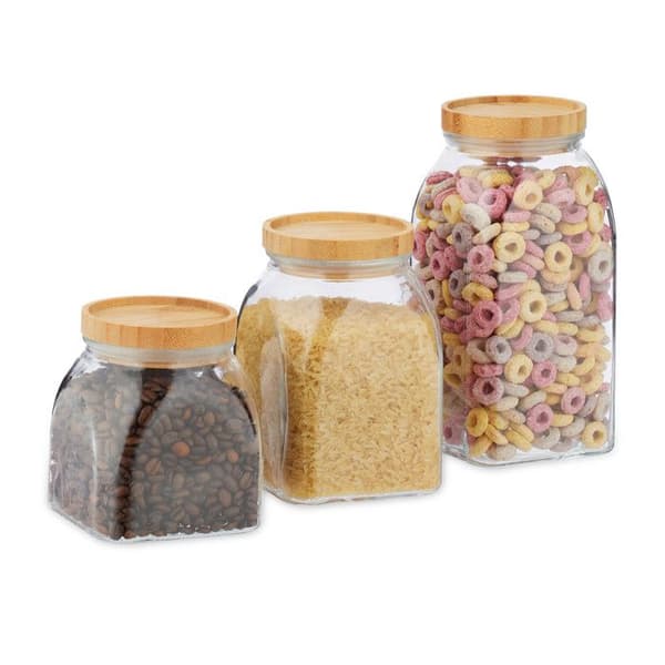 Relaxdays glasburkar set om 3, 600, 1000, 1400 ml, för spannmål, pasta, lock i bambu, transparent / naturlig