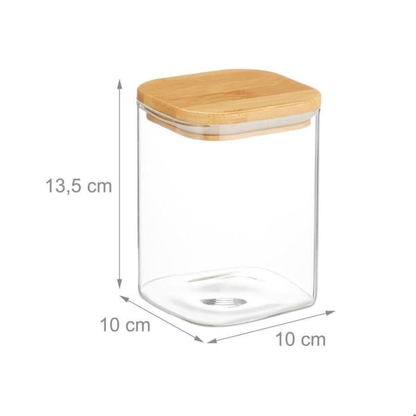 Relaxdays Set med 3 glasburkar, lock i bambu, kvadratisk, förvaring, 900 ml, hermetisk, transparent/naturlig