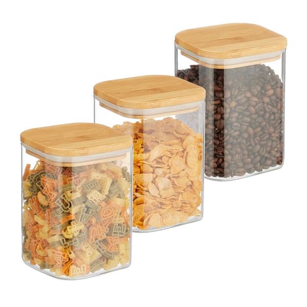 Relaxdays Set med 3 glasburkar, lock i bambu, kvadratisk, förvaring, 900 ml, hermetisk, transparent/naturlig