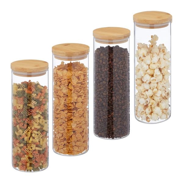 Relaxdays Set med 4 glasburkar med bambu-lock, förvaringsburk, 1600 ml, hermetisk, transparent/naturlig