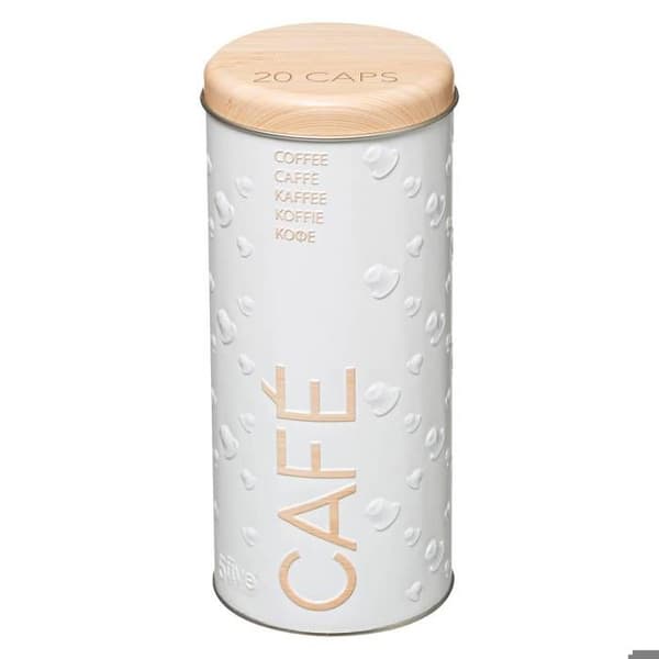 Scandi Coffee Capsule Box - PARIS PRIS - 17cm Vit - Järn &amp; Tenn - Cylindrisk