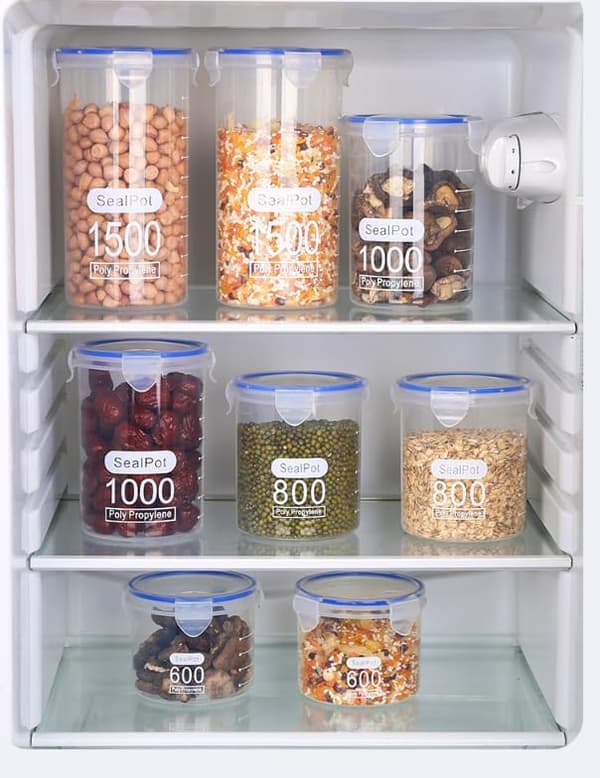 12-pak opbevaringsglas med låg – lufttætte plastbeholdere til køkken og spisekammer, til sukker, mel og bageprodukter (gennemsigtige)