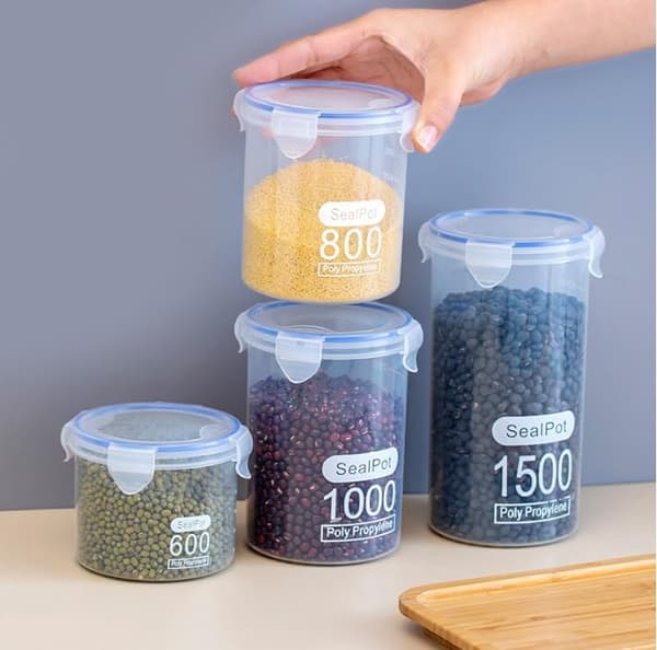 12-pak opbevaringsglas med låg – lufttætte plastbeholdere til køkken og spisekammer, til sukker, mel og bageprodukter (gennemsigtige)