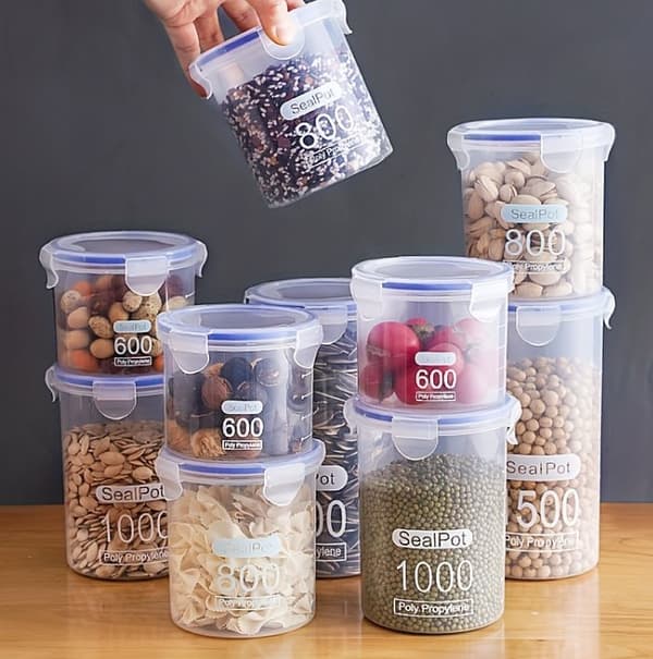 12-pak opbevaringsglas med låg – lufttætte plastbeholdere til køkken og spisekammer, til sukker, mel og bageprodukter (gennemsigtige)