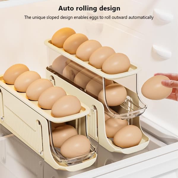 Lollanda Äggbehållare för kylskåp, Äggställ 2-pack 30 ägg, Äggdispenser, Ägghållare – Automatisk Rullning, Vikbar, 2-3 Nivåer