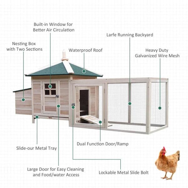 Rootz Chicken House - Chicken Coop - Pieneläinhäkki - Eläimen häkki - Puinen - 196 x 76 x 97 cm