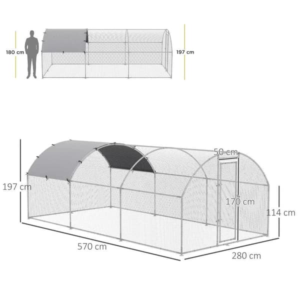 Rootz Chicken Coop - Lemmikkien häkki - Outdoor Poultry Coop - Kanahäkki - Duck Coop - Kanit Coop - Varjostuksella kattolukko - Hopea - 280L x 570W x