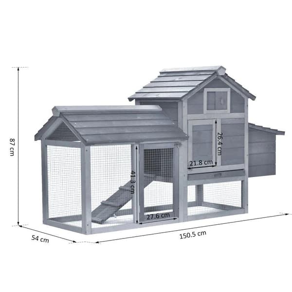 Rootz Chicken Hutch - Bantam Chicken Coop - Hønsehus - Aftagelig gulvpande - Grantræ - Grå - 150,5 cm x 54 cm x 87 cm
