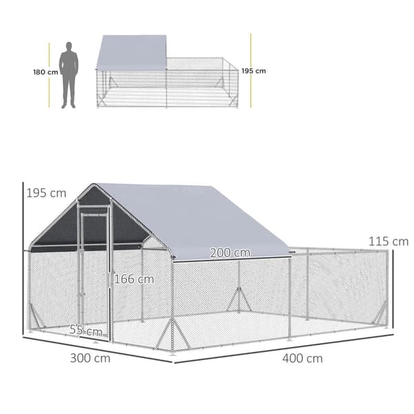 Rootz Bantam Chicken Coop - Säänkestävä - Walk-in Coop - Kanakoti katolla - Teräs - Hopea - 400cm x 300cm x 195cm