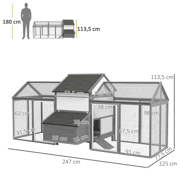 Rootz Chicken Coop - Pieneläinkoti - 2 ulkosuojaa - 1 pesälaatikko - 2 ramppia - Asfalttikatto - Säänkestävä - Harmaa - 247 cm x 125 cm x 113,5 cm