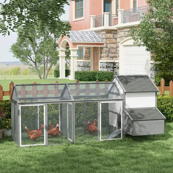 Rootz Chicken Coop - Pieneläinkoti - 2 ulkosuojaa - 1 pesälaatikko - 2 ramppia - Asfalttikatto - Säänkestävä - Harmaa - 247 cm x 125 cm x 113,5 cm