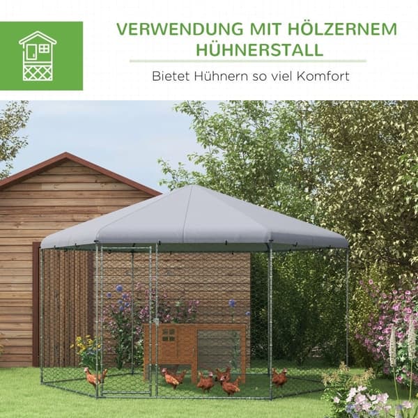 Rootz Chicken Coop -kotelo - Ulkona oleva siipikarja - Galvanoitu teräs - Suojakatto - Helppo pääsy - 400 cm x 346 cm x 263 cm