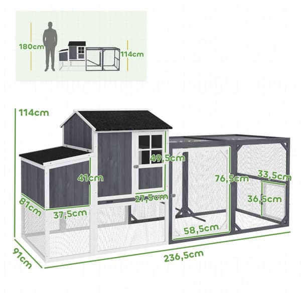 Rootz Chicken Coop med Run - Poultry House - Fir Wood - Sikker hekkeboks - 236,5 cm x 91 cm x 114 cm - Ideel til 3-4 kyllinger - Grå